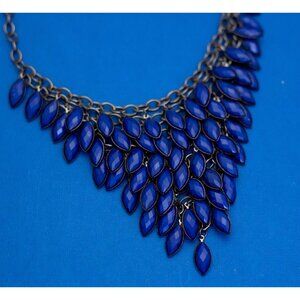 18 inch, Vintage Blue Faux Gems Indigo Beads Bib Necklace - D4